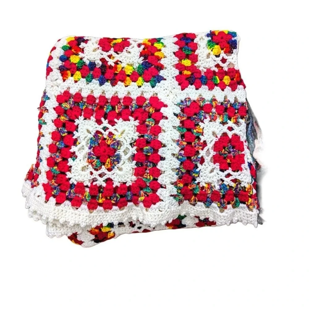 Vtg Handmade‎ Crochet Granny Square Afghan Blanket Red White Rainbow Retro 77x82